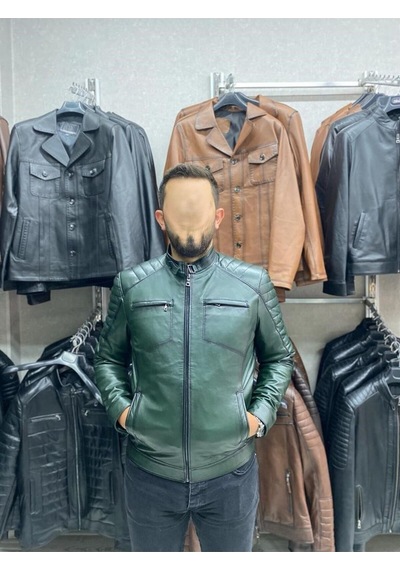 Nyc Giyim Tekstil & Deri Yeşil Karartmalı Hakiki Deri Spor Mont Ceket Slim Fit Yeşil