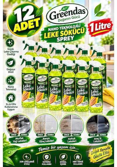 12 Adet Yeni Nesil Nano Teknolojili Sihirli Leke Sökücü Sprey 1 Litre Yağ, Kir, Pas Temizleyici Tüm Yüzeyler