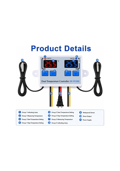 Xk-w1088 Çift Kanallı Dijital Sıcaklık Kontrol Cihazı 12v Dc 2 10a Röle Çift Ntc Sensör