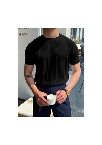 Butik İstanbul Erkek Kısa Kollu Bisiklet Yaka Çizgili Triko Tişört Siyah