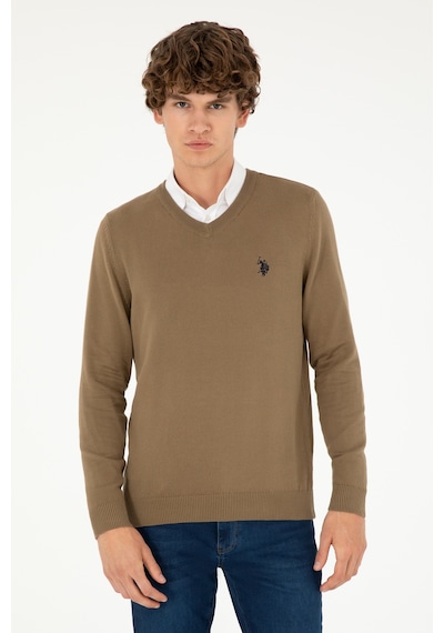 U.S. Polo Assn. Erkek Slim Fit V Yaka Haki Basic Kazak 50293512-VR027