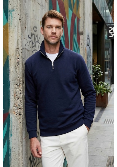 Tudors Unisex Relax Fit Rahat Kesim Pamuklu İçi Polarlı Yarım Fermuarlı Lacivert Dik Yaka Sweatshirt-32669 Lacivert
