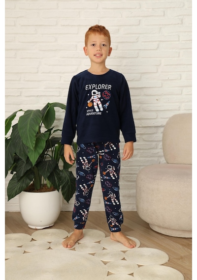 Yeni Stil Sonbahar/kış Erkek Çocuk Uzay Figür Astronot Desen Polar Pijama Takımı 4565 Lacivert