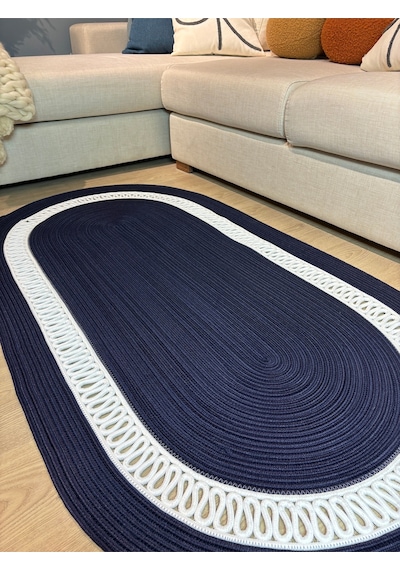 Mavaux Lotus Jüt Hasırlı El Örgüsü Kilim Lacivert - Beyaz