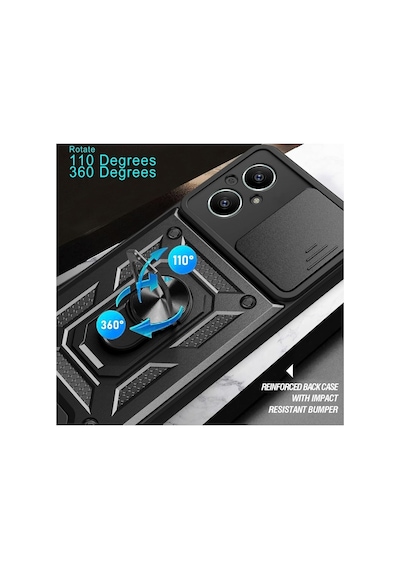 Realme 12 Lite Uyumlu Tank Kılıf Yüzüklü Standlı Extra Darbe Koruma Zırhlı Outdoor Kapak Siyah