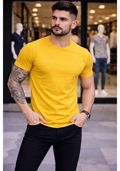 Erkek Body Tişört Bisiklet Yaka Slim Fit Likralı T-shirt - Sarı