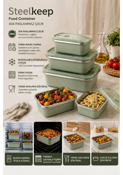 Paslanmaz Çelik Vakumlu 5 Li Set Saklama Kabı,fırın Ve Kek Kabı 300 Ml ,500 Ml,800 Ml,1300 Ml,1650 Ml - Tarih Ayarlı Yeşil - 896096146 Yeşil