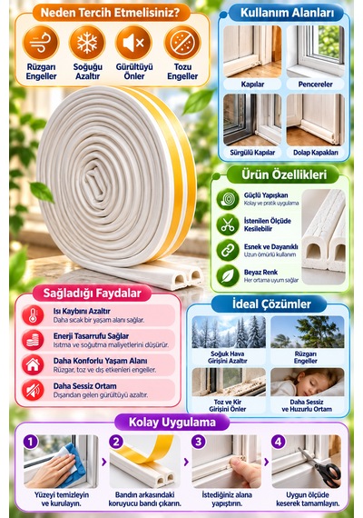 Kapı Bantı Ve Pencere Fitili Bandı Yapışkanlı Beyaz 2 x 10 M
