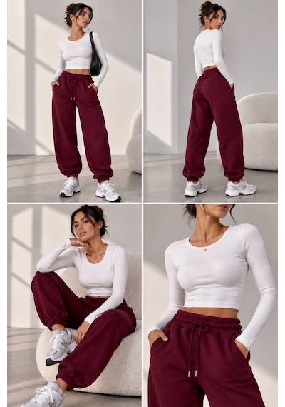Bbbutikbasic Kadın İçi Polar Şardonlu 3 İplik Kalın Jogger Eşofman Altı My3535 Bordo