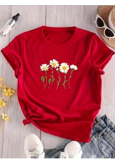 Medinenur Yan Yana Papatya Desenli Basic T-shirt Kırmızı