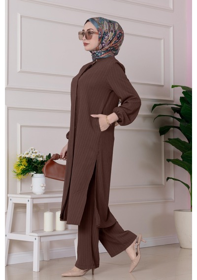 Sevitli Yırtmaç Detaylı Tunik Pantolon Takım-kahverengi-4861
