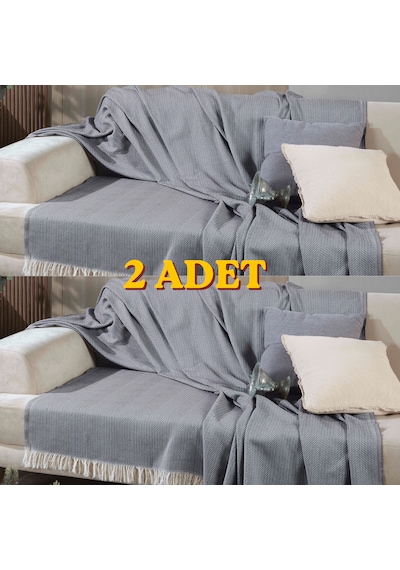 170 210 Cm Pamuklu Önden Saçaklı 170x210 Koltuk Örtüsü 2'li Paket Antrasit