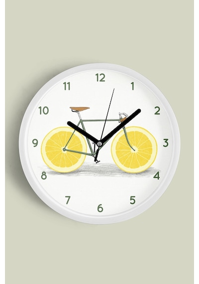 Limon Bisikleti Modern Tasarım Mutfak Duvar Saati - 42cm - Önü Camlı Beyaz Kasa - Sessiz Mekanizma Beyaz