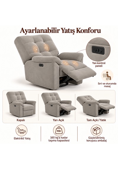 Smarto Relax Porto Masajlı Elektrikli Döner Sallanan Tv Koltuğu Kontrol Panelli Ergonomik Polyester Baba Koltuğu Ekru Smarto Relax Porto Masajlı Elektrikli Döner Sallanan Tv Koltuğu Kontrol Panelli Ergonomik Polyester Baba Koltuğu Ekru
