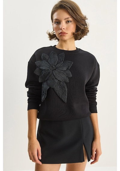 Shade Kadın Bisiklet Yaka Çiçek Aksesuarlı Üç İplik Şardonlu Sweatshirt 60601043 - Siyah