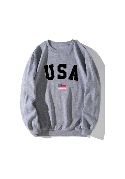 Tarzsokak American Flag & Letter Graphic Lined Sweatshirt Gri