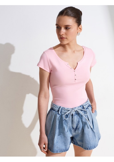 Dilvin 32688 %100 Pamuk Basic T-shirt-toz Pembe