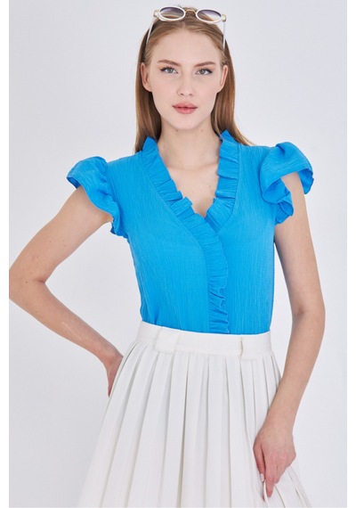 Armonika Kadın Mavi Yakası Ve Kolları Fırfırlı Bluz Arm-25y001063 Armonika Kadın Mavi Yakası Ve Kolları Fırfırlı Bluz Arm-25y001063