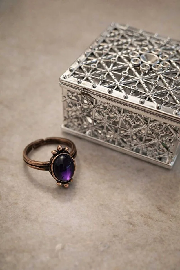 Banum Luxury El İşi Tasarım Ametist Amethyst Doğal Taşlı Bakır Yüzük MOR