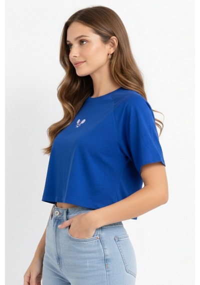 Soft&Basic Kadın Nakışlı Regular %100 Organik Pamuk Yuvarlak Yaka Kısa Crop T-shirt Mavi