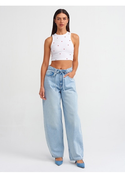 Dilvin Kalp Nakışlı Crop Top 101a20819 Beyaz