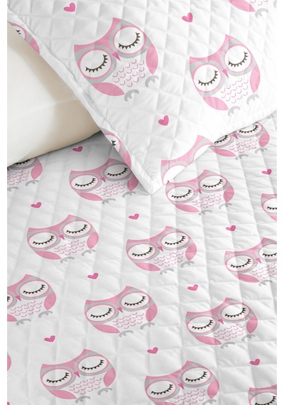 Evimde Bambaşka Baykuş Pembe Kız Çocuk Dekoratif Pike Takımı - Sevimli Beyaz Bebek Odası Yatak Örtüsü - 160x220  CM