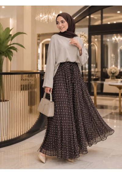 Esra Butik78 Siyah & Kahverengi Puantiyeli Astarlı Şifon Etek Kendi Kumaşından Kuşaklı, 95 Cm Esra Butik78 Siyah & Kahverengi Puantiyeli Astarlı Şifon Etek Kendi Kumaşından Kuşaklı, 95 Cm
