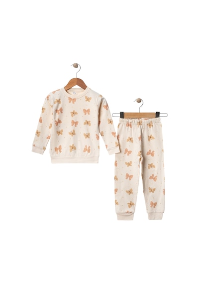 Kız Çocuk Kelebek Desenli %100 Pamuk İnterlok Kumaş Pijama Takımı 3-6 Yaş Krem