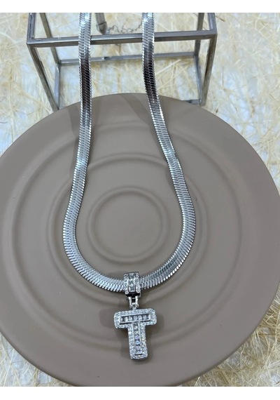 Premium Gümüş Renk Parlak Taşlı 316l Çelik Silver T Harf Kolye 45cm