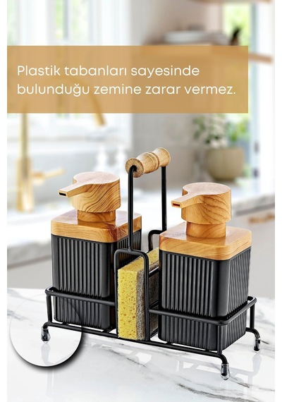 Grimorlife Mimoza Metal Standlı Ahşap Detaylı Bulaşık Deterjanı Ve Sıvı Sabunluk Mutfak Seti-sünger Hediyeli Siyah