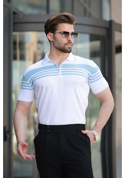 Madmext Beyaz Fermuarlı Polo Yaka Erkek Triko T-shirt E7407 Beyaz