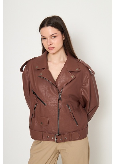 M M Marki Marki Kadın Hakiki Jumbo Deri Ceket Biker Tarz, Kemerli, Oversize, Apoletli, 65 Cm, Kahverengi - 116622x