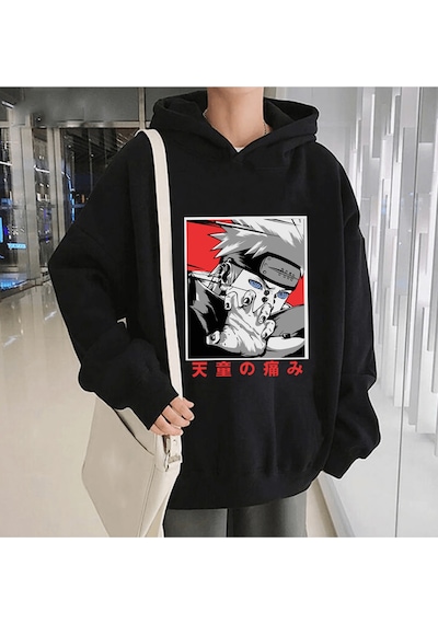 Anime Pain Kapşonlu Sweatshirt Siyah