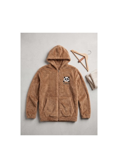 Deniva Kids Çocuk Bisküvi Kahverengi Panda Nakışlı Pelüş Fermuarlı Kapüşonlu Sweatshirt & Hırka Deniva Kids Çocuk Bisküvi Kahverengi Panda Nakışlı Pelüş Fermuarlı Kapüşonlu Sweatshirt & Hırka