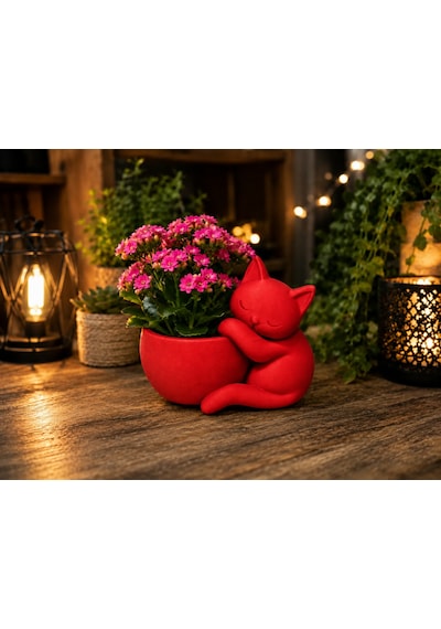 3d Baskı Sarılan Kedi Saksı - Sevimli Dekoratif Saksı - Kırmızı Çok Renkli