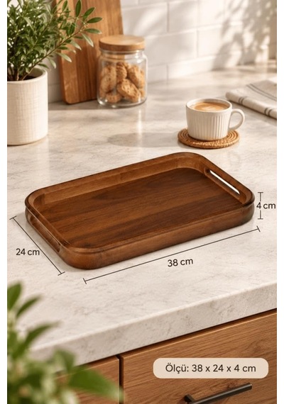 Akasya Ahşap Kulplu Servis Tepsisi 38x24x4 Cm - Dikdörtgen Kahvaltı Ve Kahve Sunum Tepsisi Çok Renkli
