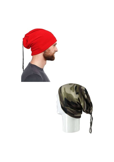 2 Adet Polar Ipli Bere Ve Boyunluk Kırmızı Ve Yeşil Kamuflaj Unisex Bere Boyunluk