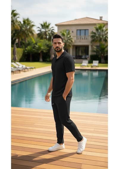 Fifty Color Unisex Trend Bürümcük Krinkıl Kumaş Yazlık Likralı Kısa Kol Tişört Eşofman Takım Siyah