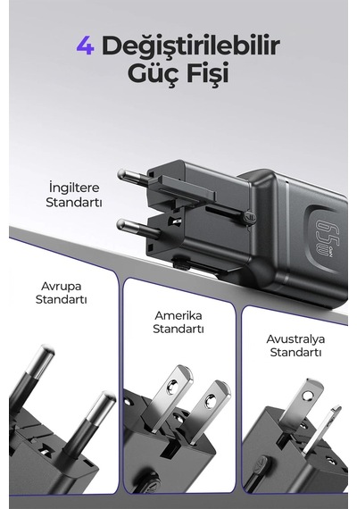 Ven-dens Vd-ta003 65 W Pd Pps 4 Ü 1 Arada Seyahat Adaptörü, 2 Usb-c Ve 1 Usb-a Port, Abd, Siyah
