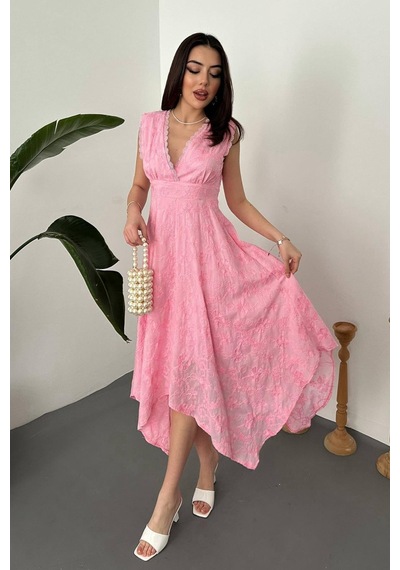Duygudan Pembe Brodeli Elbise - Pembe Çok Renkli
