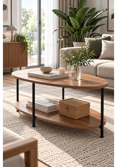 Oval Orta Sehpa 90 Cm İki Katlı Raflı Metal Ayaklı Modern Dekoratif Salon Sehpası Çam