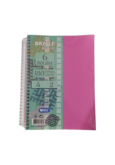 Orta Boy 4+2 Ayraçlı Defter 6 Konulu 180 Yaprak 1 Adet 4 Kareli 2 Çizgili Spralli Plastik Kapak Seperatörlü 18x25 Cm Pembe