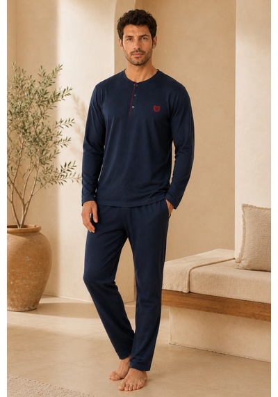 Loule Erkek Lacivert Biyeli Penye Robdöşambr Pijama Seti 5 Parça