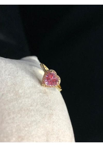 Swarovs'ki Taşlı Pembe Kalpli 925 Ayar Gümüş Sevgiliye Eşe Hediye Yüzük