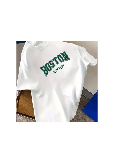 Caddemia Yaz  Moda Rahat Spor Gevşek Boston Mektup Desen Baskı Yuvarlak Boyun Kı Beyaz 2XL
