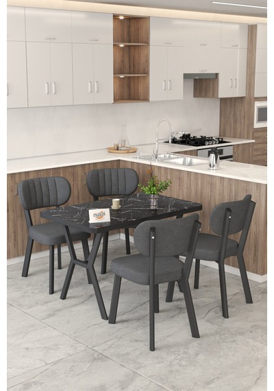 Gnr 70x110cm Sabit Siyah Mutfak Masası Takımı, Yemek Masası, 4 Modern Antrasit Sandalye Antrasit