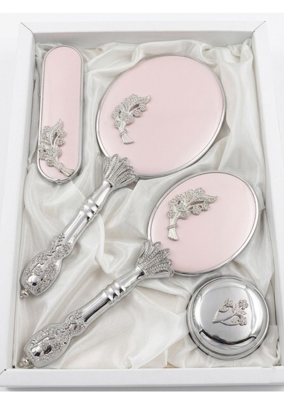Camomile Pudra Pembe Silver Ayna Fırça Seti 4'lü - Lüks Taşlı Gümüş Gelin Bohçası Takımı Altın
