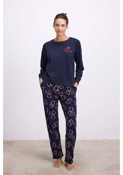 Man11583-1020 Anil Ev Giyim Anıl Kadın Uzun Kol Sweatshirt Ve Kalpli Pantolon Pijama Takımı Şık Ve Rahat Ev Giyimi 11583 Lacivert