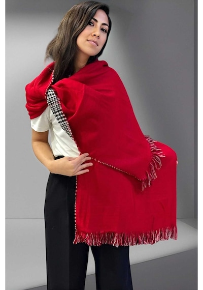 Tezzgelsin Kadın Çift Taraflı Düz Renk Yumuşak Dokulu Omuz Şalı Atkı 7 CM x 18 CM Kırmızı - Gri