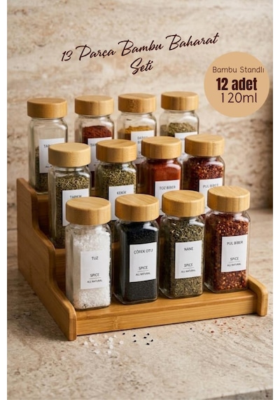 Atbyhome 13 Parça Bambu Standlı Baharatlık Seti - 12 Adet 120 Ml Cam Baharat Takımı Beyaz - Kahverengi